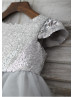 Silver Sequin Tulle Cap Sleeves Knee Length Flower Girl Dress 
